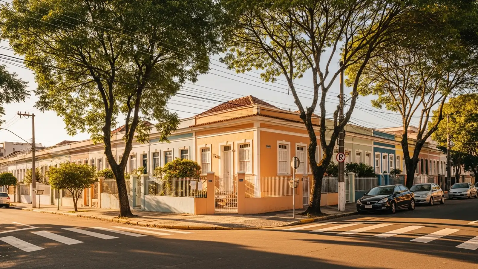 Fachada de sobrado de esquina com portão de madeira ao entardecer