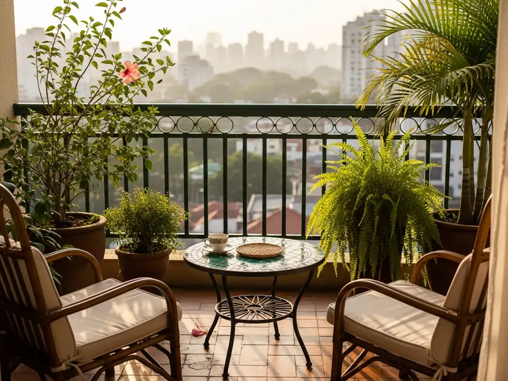 Casa de esquina com muro baixo e jardim pela manhã